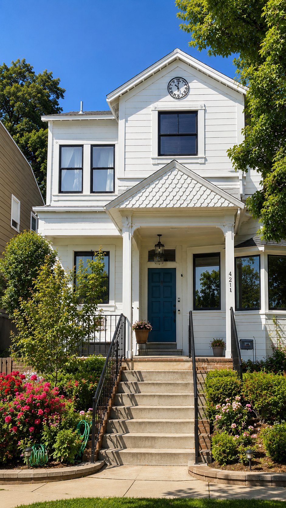 Completed Brown Dog Builders exterior with a white facade, blue front door, and front steps